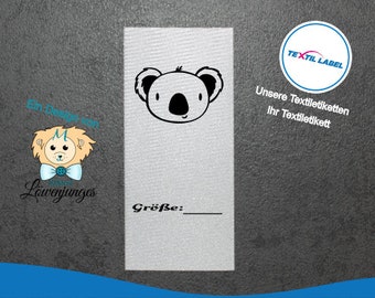 Etiquetas textiles con motivo de oso koala y campo de tallas para rotular usted mismo, a partir de 25 unidades de etiquetas textiles cortadas para doblar etiquetas M108