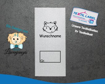 Textiletiketten mit Fuchs Motiv und Größenfeld zum selbst beschriften, Labels personalisiert Textil Etikett geschnitten zum falten S029