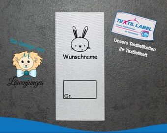 Etiquetas textiles con motivo de conejo y campo de tallas para rotular tú mismo, etiquetas personalizadas etiqueta textil cortada para plegar S015