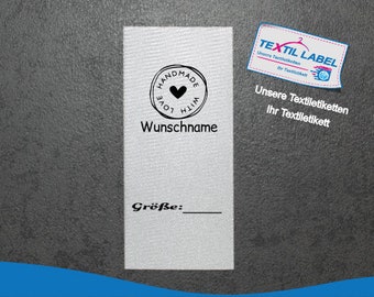 Textiletiketten mit Handmade Motiv und Größenfeld zum selbst beschriften, Labels personalisiert Textil Etikett geschnitten zum falten S006