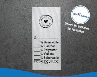 Etiquetas textiles con motivo de corazón y campo de tamaño para rotular usted mismo, a partir de 25 unidades de etiquetas textiles cortadas para etiquetas plegables U004