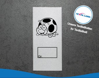 Etiquetas textiles con motivo de mariquita y campo de tallas para rotular usted mismo, a partir de 25 unidades de etiquetas textiles cortadas para etiquetas plegables M007