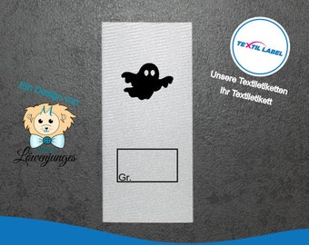 Etiquetas textiles con motivo de fantasma de Halloween y campo de tamaño para rotular usted mismo, etiqueta textil cortada para doblar etiquetas M099