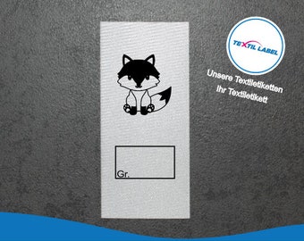 Etiquetas textiles con motivo de zorro y campo de tallas para rotular usted mismo, a partir de 25 unidades de etiquetas textiles cortadas para etiquetas plegables M050
