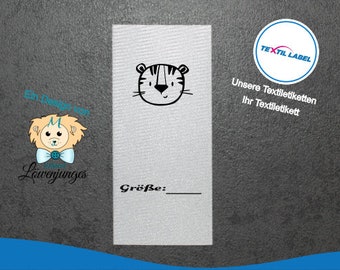 Textile labels with tiger motif and size field for labeling yourself, from 25 pieces of textile label cut for folding M116 labels