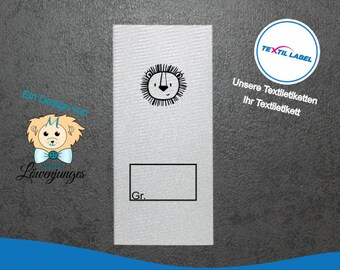 Etiquetas textiles con motivo de león y campo de tallas para rotular usted mismo, a partir de 25 unidades de etiquetas textiles cortadas para plegar etiquetas M105