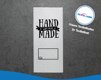 Etiqueta de talla con motivo HECHO A MANO con Love y campo de talla para autoetiquetado etiqueta textil cortada para etiquetas plegables M025