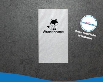 Etiquetas textiles con el nombre deseado y el zorro, etiquetas personalizadas, etiquetas textiles cortadas para doblar, etiquetas con nombre W021