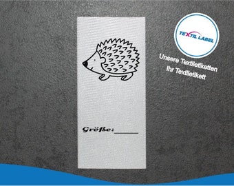 Textile labels with hedgehog motif and size field for labeling yourself, from 25 pieces textile label cut for folding labels M074