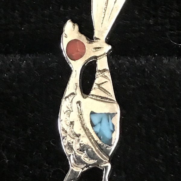 Silver Road Runner Lapel/ Hat Pin w Turquoise & Coral