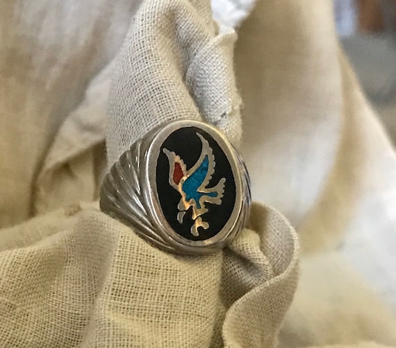 Silver Diving Eagle Ring w/ Inlay - image 3