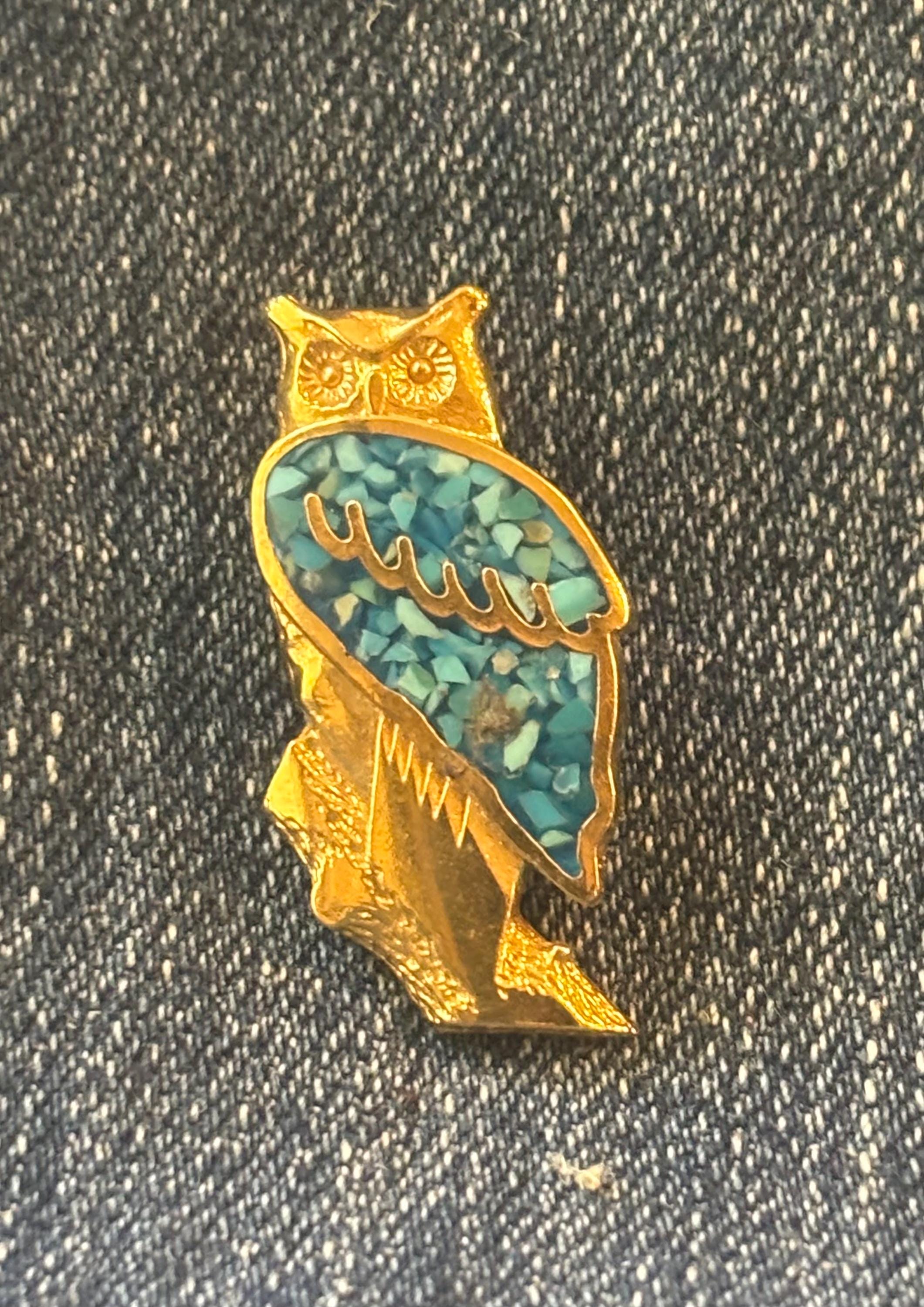 Gold Owl with Turquoise Inlay Lapel / Hat Pin