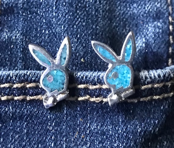 Silver Playboy Bunny Earrings w / Turquoise Inlay - image 3