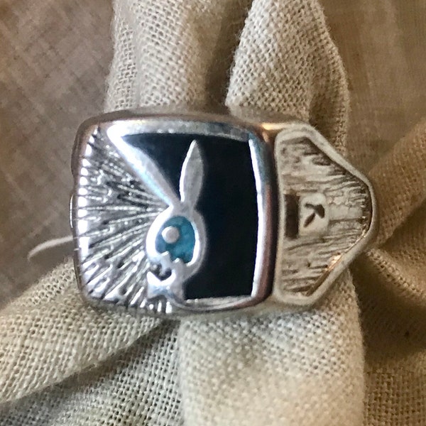 Silver Playboy Bunny Ring w/ turquoise  inlay