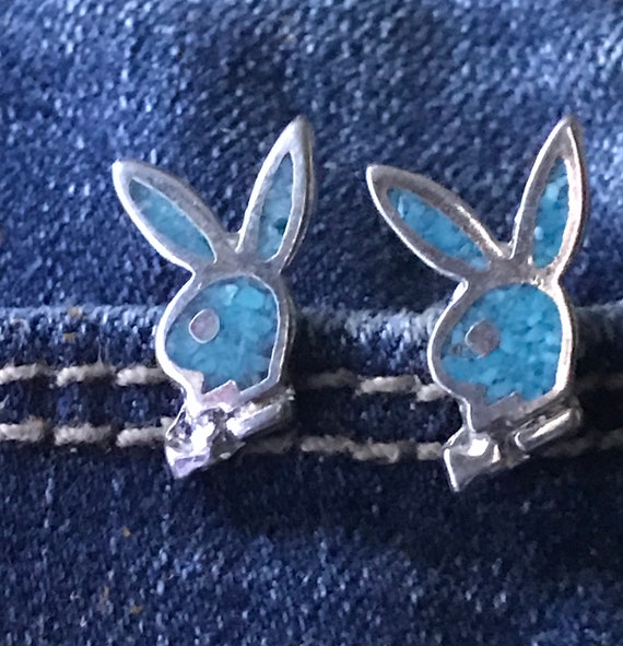 Silver Playboy Bunny Earrings w / Turquoise Inlay - image 1