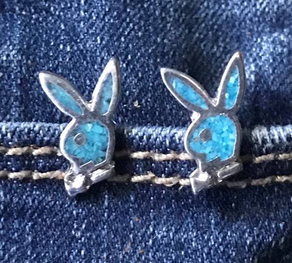 Silver Playboy Bunny Earrings w / Turquoise Inlay - image 2
