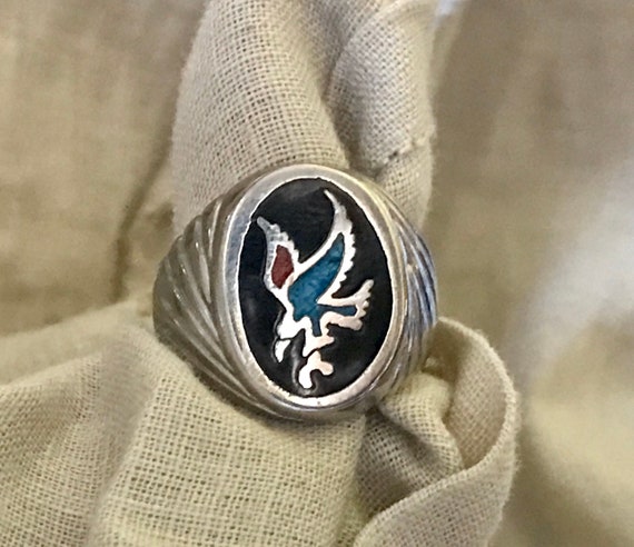 Silver Diving Eagle Ring w/ Inlay - image 1
