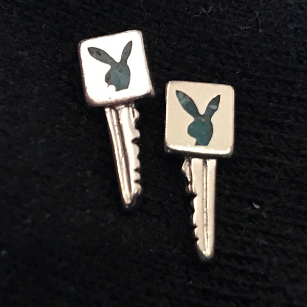 Silver Playboy Key Post Earrings w / Turquoise Inlay