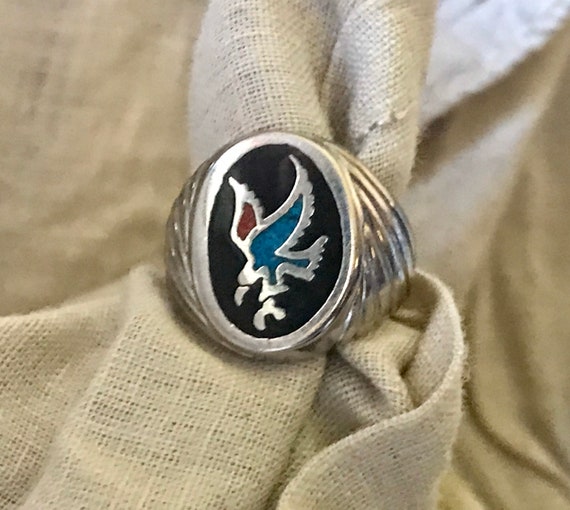 Silver Diving Eagle Ring w/ Inlay - image 4