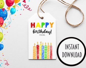Happy Birthday Gift Tag Printable, Watercolor Candles Birthday Tag, Rainbow Birthday Tags, Instant Download