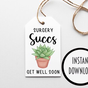 May include: White printable gift tag with a green succulent plant in a terracotta pot. The tag says "Surgery Succs Get Well Soon".