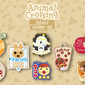 Puede incluir: Un conjunto de etiquetas y pegatinas de Animal Crossing con varios personajes y alimentos. Las pegatinas incluyen el texto "Tangy", "Fresh Coco Water", "Tia's Tea", "Ketchup", "Apple Confiture", "Maple" y texto japonés.