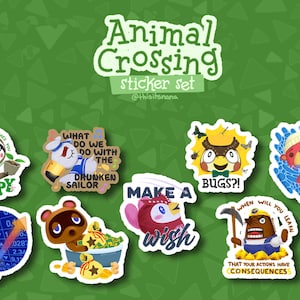 Peut inclure: Ensemble d'autocollants Animal Crossing colorés sur fond vert. Les autocollants présentent divers personnages et phrases comme "Happy", "Bugs?!" et "Make a Wish". Le texte "Animal Crossing sticker set" est en haut.