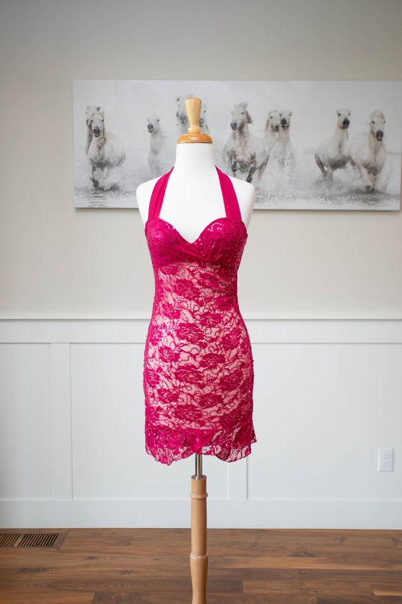 Vintage 1980s Hot Pink Sexy Lace Mini dress, 1980 