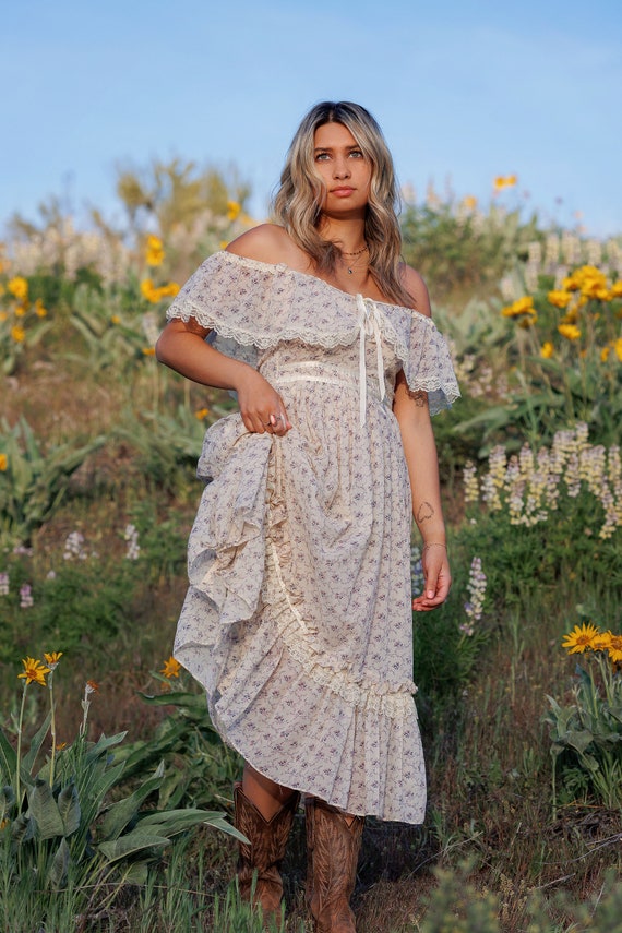 Gunne Sax vintage prairie dress, cotton off shoul… - image 1