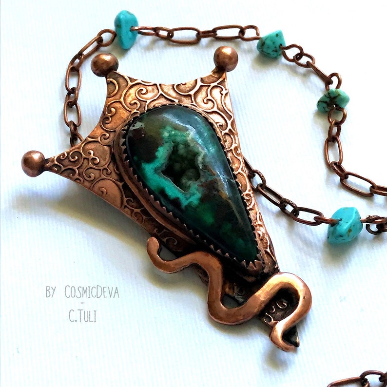 Snake Necklace Rustic Copper Necklace Oxidized Copper Jewelry Unique Chrysocolla Necklace Botryoidal Chrysocolla Copper Snake Necklace