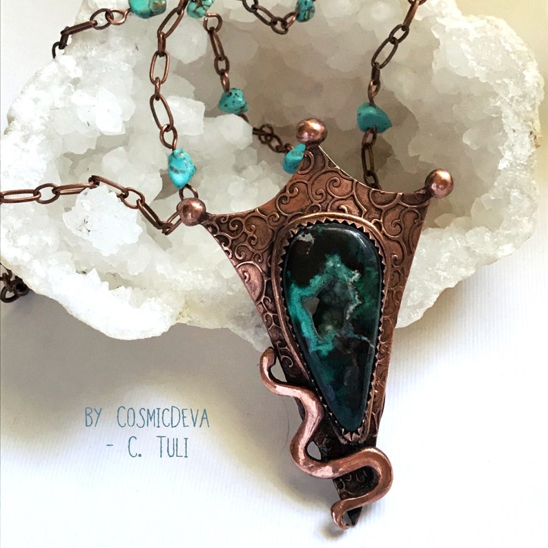 Snake Necklace Rustic Copper Necklace Oxidized Copper Jewelry Unique Chrysocolla Necklace Botryoidal Chrysocolla Copper Snake Necklace