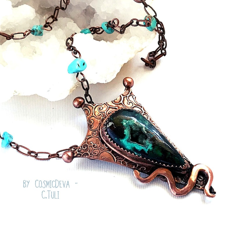 Snake Necklace Rustic Copper Necklace Oxidized Copper Jewelry Unique Chrysocolla Necklace Botryoidal Chrysocolla Copper Snake Necklace