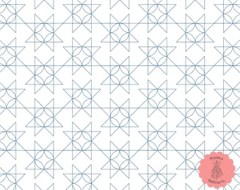May include: A seamless pattern featuring a repeating geometric design of overlapping circles and stars in a navy blue color on a white background.