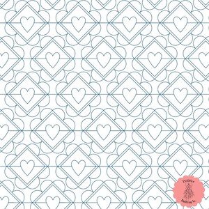 Puede incluir: Un patrón geométrico en blanco y negro con un diseño repetitivo de corazones y cuadrados. El patrón está delineado en azul y sobre un fondo blanco. La imagen incluye el texto "Pixielee Quilting Co."