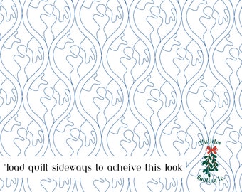 May include: A digital quilting pattern featuring a repeating design of blue, curved lines forming a series of teardrop shapes. The text "*load quilt sideways to achieve this look*" is at the bottom of the image.