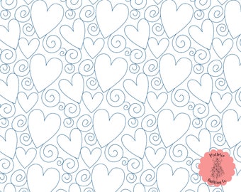 May include: A white background with a repeating pattern of blue outlined hearts and swirls.