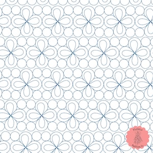 Peut inclure: Un motif sans couture de fleurs bleues en contour sur un fond blanc. Les fleurs sont composées de cercles et d'ovales qui se chevauchent. Le motif est répété sur toute l'image. L'image comprend le texte "Pistletoe Quilting Co."