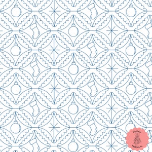 May include: A seamless pattern featuring a repeating design of blue outlined Christmas ornaments, stockings, and snowflakes. The pattern is on a white background.