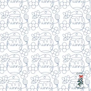 May include: A seamless pattern featuring honey jars with the word "hunny" written inside, a honey dipper, and stylized flowers. The pattern is in blue on a white background.