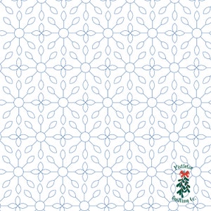 May include: A white background with a repeating pattern of blue circles and leaf shapes. The pattern is a geometric design. The text "Mistletoe Quilting Co." is in the lower right corner of the image.