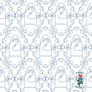 Puede incluir: Un patrón sin costuras que presenta fantasmas de contorno azul con un diseño de remolino dentro de un círculo con un borde festoneado. El fondo es blanco.
