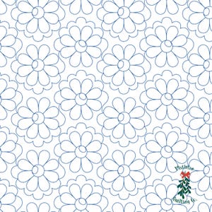 May include: A repeating pattern of blue outline flowers on a white background. Each flower has rounded petals and a central circle. The design is a seamless repeat, suitable for fabric or wallpaper.