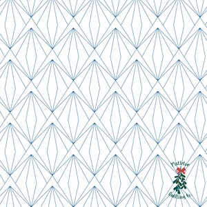 May include: A seamless pattern of blue geometric shapes on a white background. The pattern is made up of overlapping diamonds and triangles. The pattern is repeated throughout the image. The text "Mistletoe Quilting Co." is in the bottom right corner of the image.