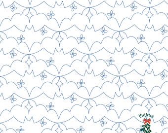Puede incluir: Un fondo blanco con un patrón repetido de murciélagos azules, estrellas y flores. El patrón es un diseño de acolchado. El texto "Mistletoe Quilting Co." está en la esquina inferior derecha.