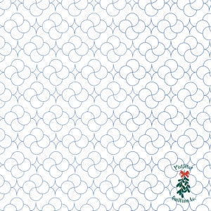 May include: A white background with a repeating pattern of blue interlocking circles. The pattern creates a star shape in the center of each circle. The text "Mistletoe Quilting Co." is in the lower right corner of the image with a red and green mistletoe sprig.