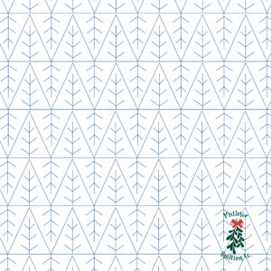 May include: A white background with a repeating pattern of blue stylized Christmas trees. The bottom right corner of the image has a logo that says "Mistletoe Quilting Co." with a red bow and a green mistletoe sprig.