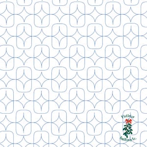May include: A white background with a repeating pattern of blue geometric shapes. The pattern is made up of squares with a star shape inside. The bottom right corner of the image has a logo with the text "Mistletoe Quilting Co." and a red and green mistletoe sprig with a bow.