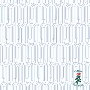 May include: A repeating pattern of blue-grey curved lines on a white background. The lines form a series of connected arches, creating a textured, geometric design. The lower right corner features a logo with text and a sprig of mistletoe.