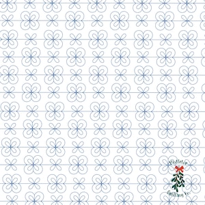 Puede incluir: Un fondo blanco con un patrón repetido de tréboles de cuatro hojas azules. El patrón está desplazado en cada fila. El texto "Mistletoe Quilting Co." está en la esquina inferior derecha de la imagen.