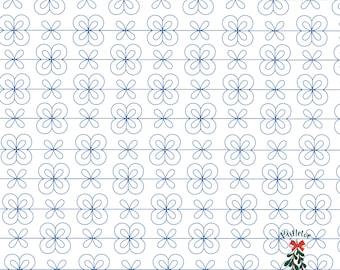 Puede incluir: Un fondo blanco con un patrón repetido de tréboles de cuatro hojas azules. El patrón está desplazado en cada fila. El texto "Mistletoe Quilting Co." está en la esquina inferior derecha de la imagen.
